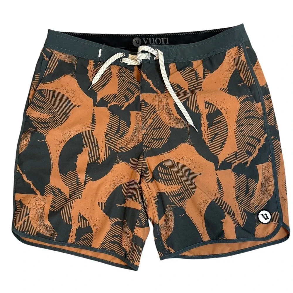 Vuori Cruise Boardshorts Mens 34 Rust Charcoal Abstract Leaf Swim Trunks V314